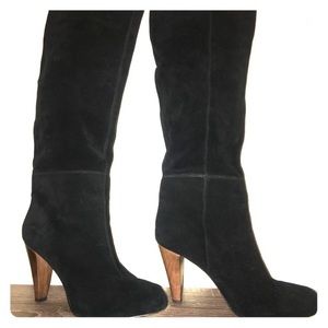 Joie Caviar Black Suede Tall Heeled Boots With Stitching detail